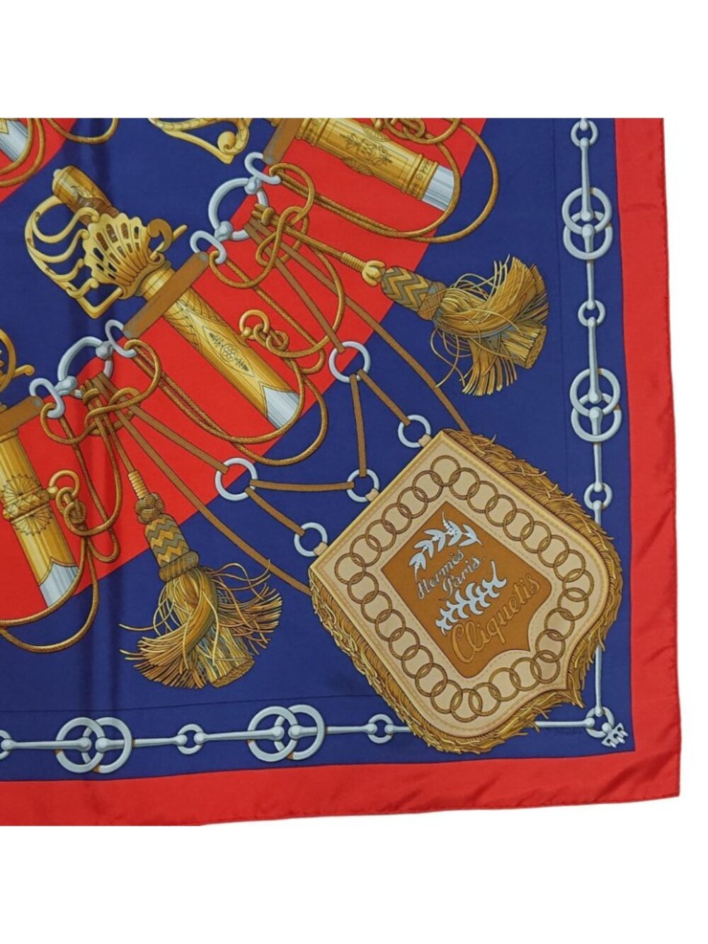 Hermes Carre 90 Cliquetis Silk Scarf Red Navy Gold - Picture 3 of 16